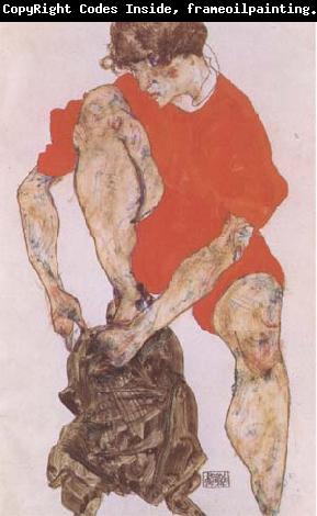 Egon Schiele Female Model in Bright Red Jacket and Pants (mk09)